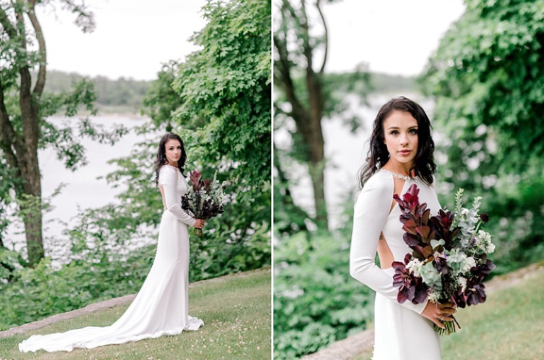 bridal photo shoot by Two Birds Photography Britany Walsh at Barn at Five Lakes in Detroit Lakes of a bride in a barn, in the woods, in a field, and near a lake with a boat and a dock.