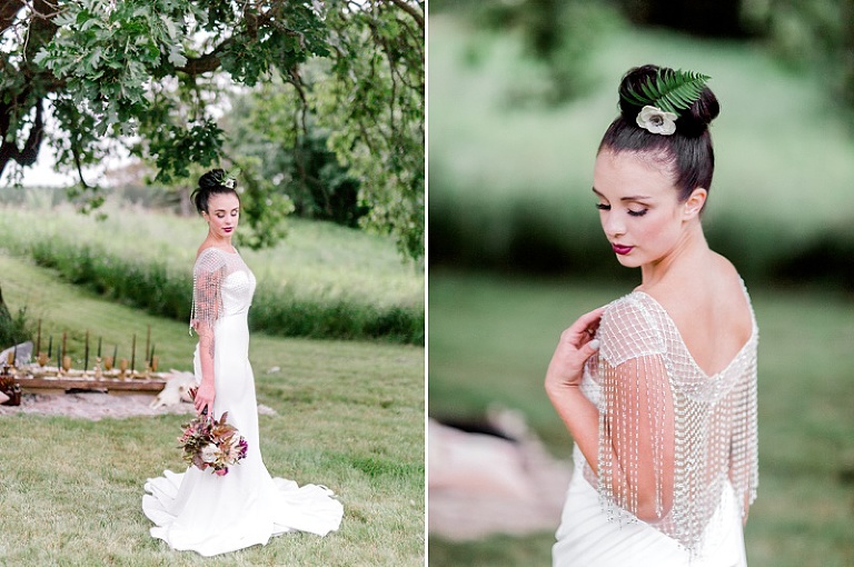 bridal photo shoot by Two Birds Photography Britany Walsh at Barn at Five Lakes in Detroit Lakes of a bride in a barn, in the woods, in a field, and near a lake with a boat and a dock.