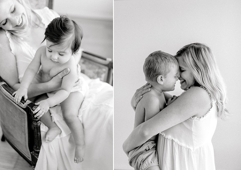 Natural light airy studio photos of two moms and their children in white dresses by fargo photographer two birds photography