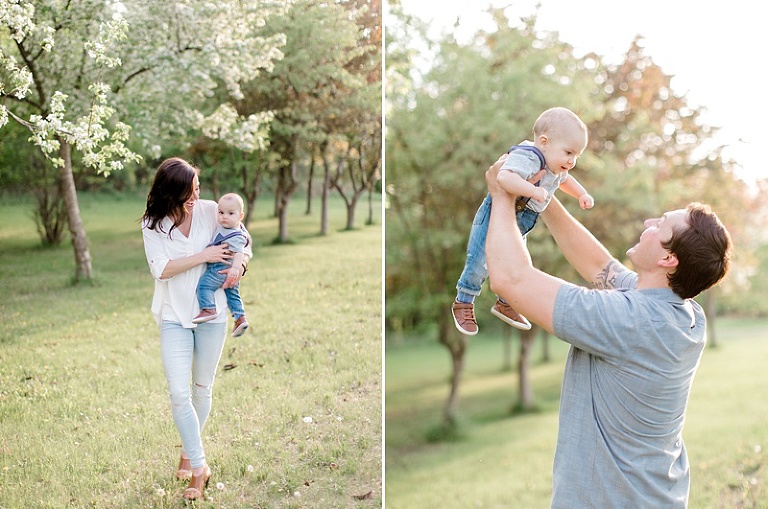 Spring family photos taken in fergus falls, minnesota of a mom, dad, and baby in an orchard, taken by two birds photography brittany walsh